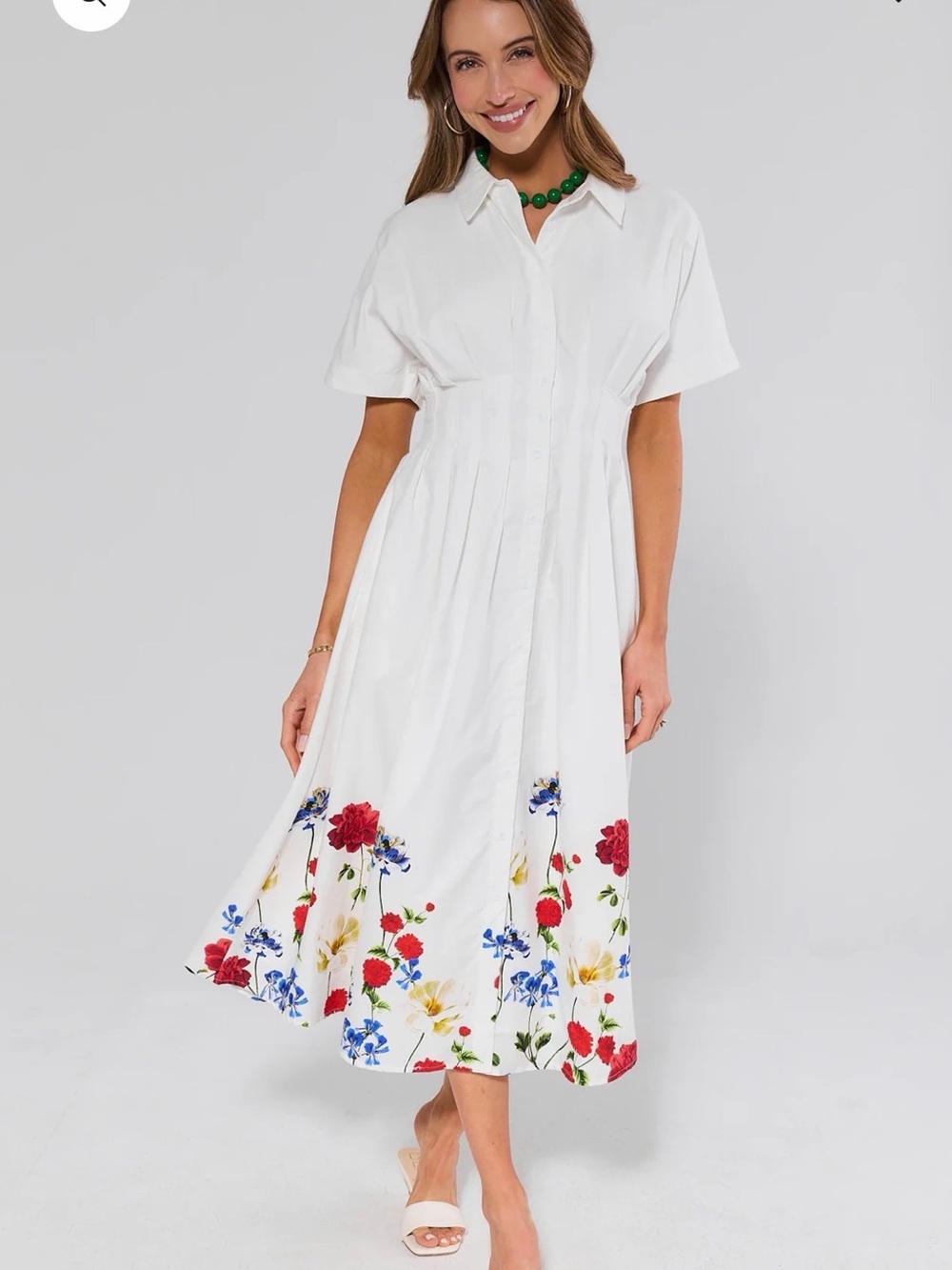AVARA Poppy White Floral Trim Midi Shirt Dress XS NWT